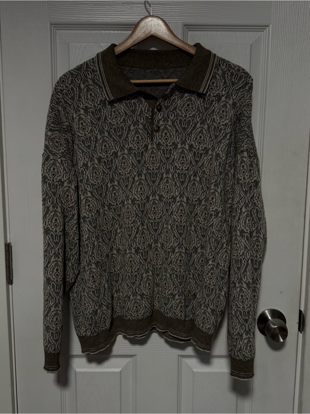 Men's Brown Patterned Knit Polo Sweater size l/xl